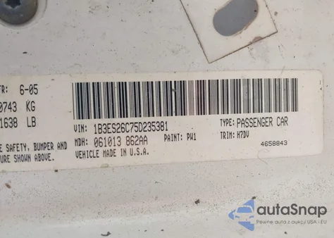 2005 Dodge Neon Se из США, поврежденный, VIN 1B3ES26C75D235381